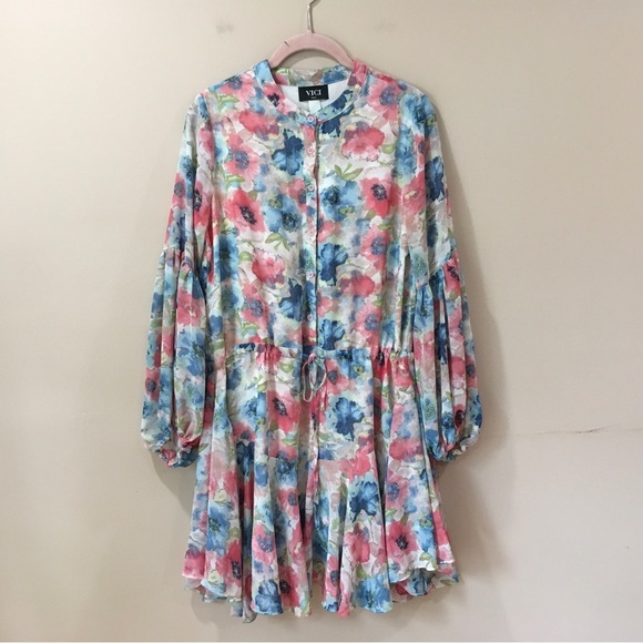 VICI Womens S Ruffle Mini Dress Multicolor Floral Chiffon Balloon Sleeve - Picture 1 of 8